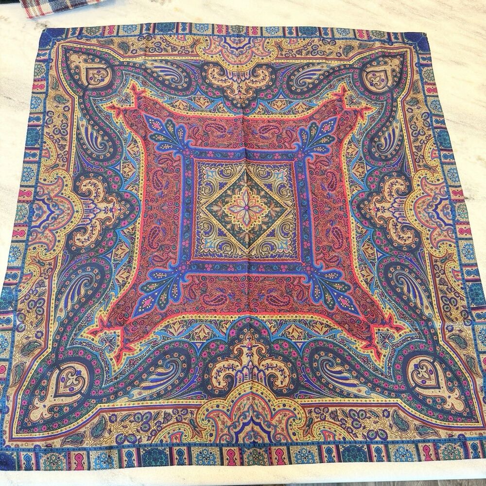 Vintage Silk Square Scarf Magenta Blue Gold Rolled Edges 31” Boho Excellent